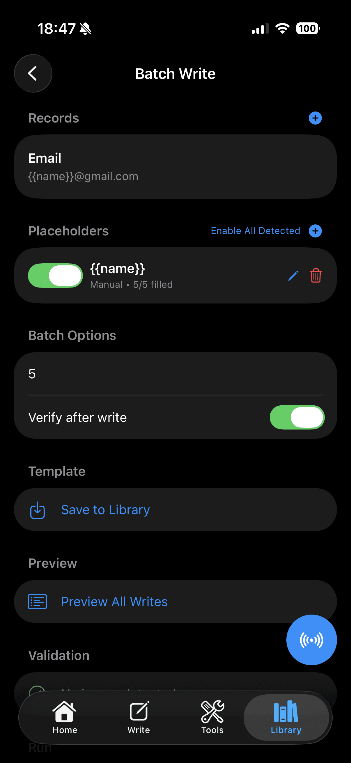Batch write setup with placeholders