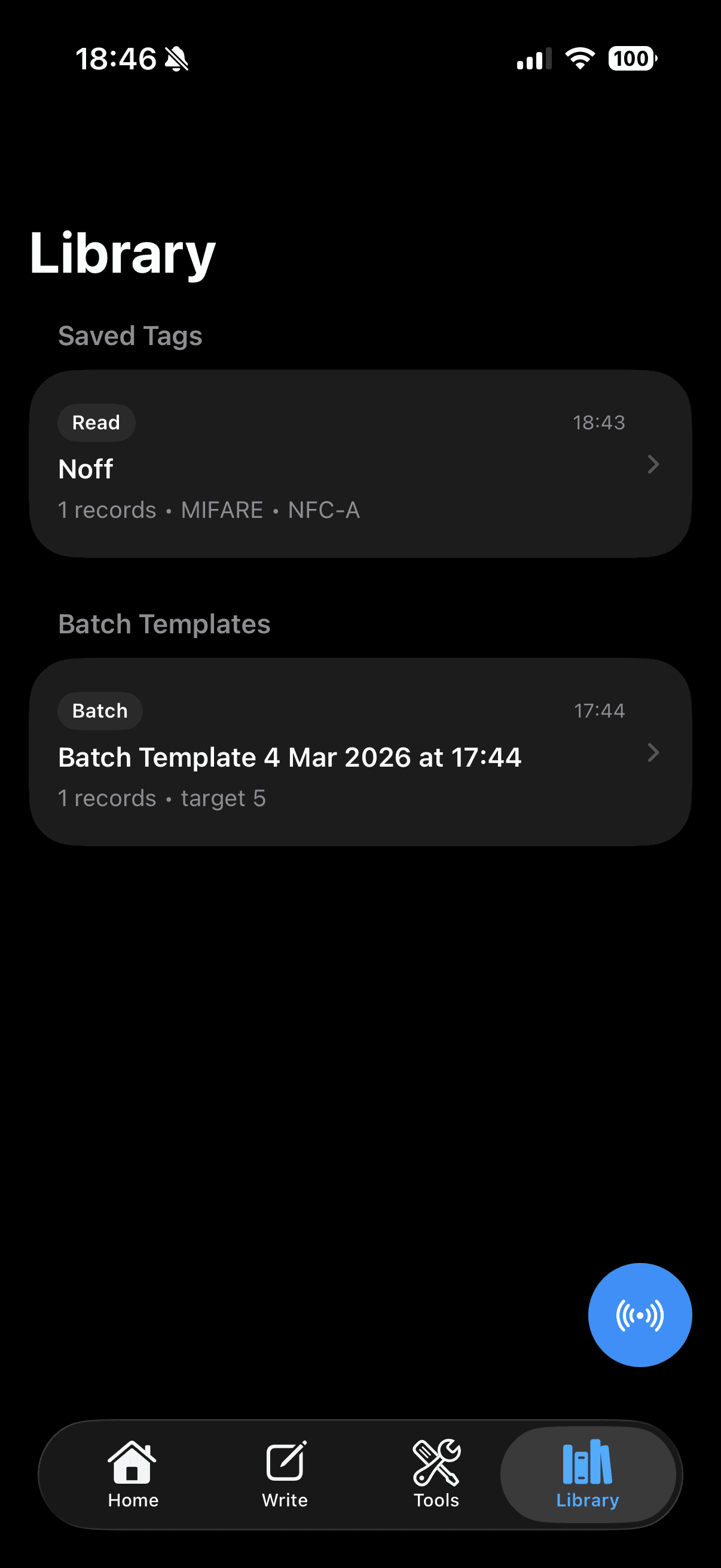 Library tab with saved tags and templates