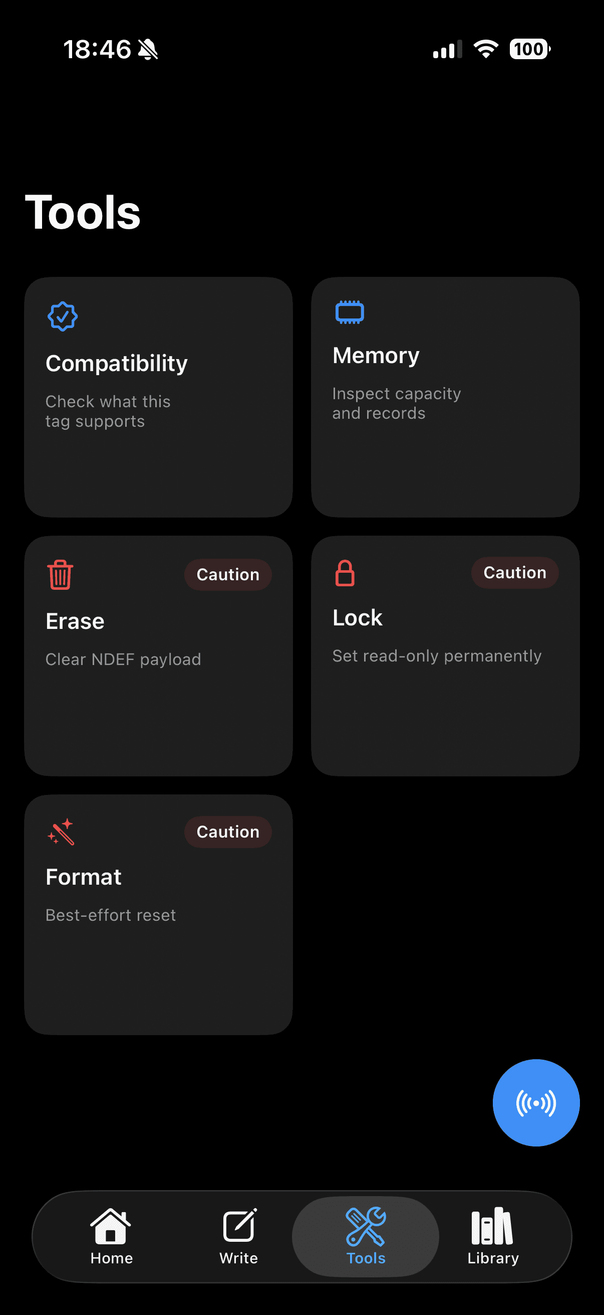 Tools grid in NFC Studio